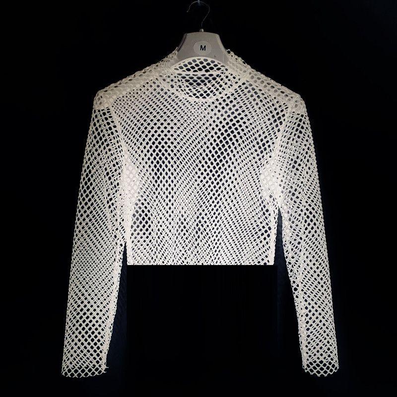 

New Large Mesh Half-High Collar Long Sleeves Tops Inner Wear Unique Street Dancing Fashion European and American Style Midriff Outfit Crop Top T-shirt White S