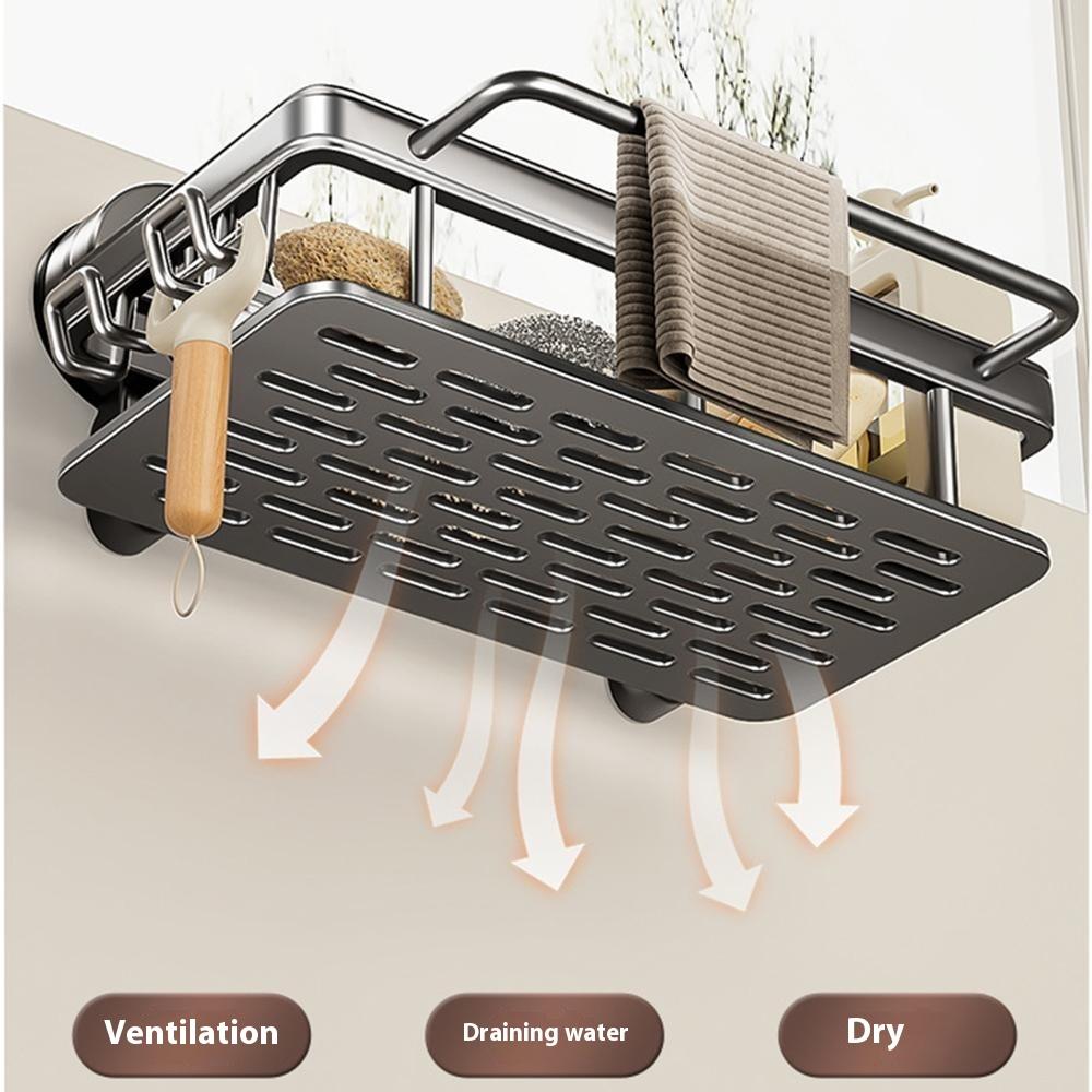 Kitchen Sink Organizer Suction Cup Space Aluminum Dish Sponge Holder Draining Rack with Hanging Rod+2 Hooks