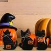 3pcs Funny Wooden Halloween Black Cat Ornament Vivid Decorative Cat Figurine Cute Cat Sculpture Entrance