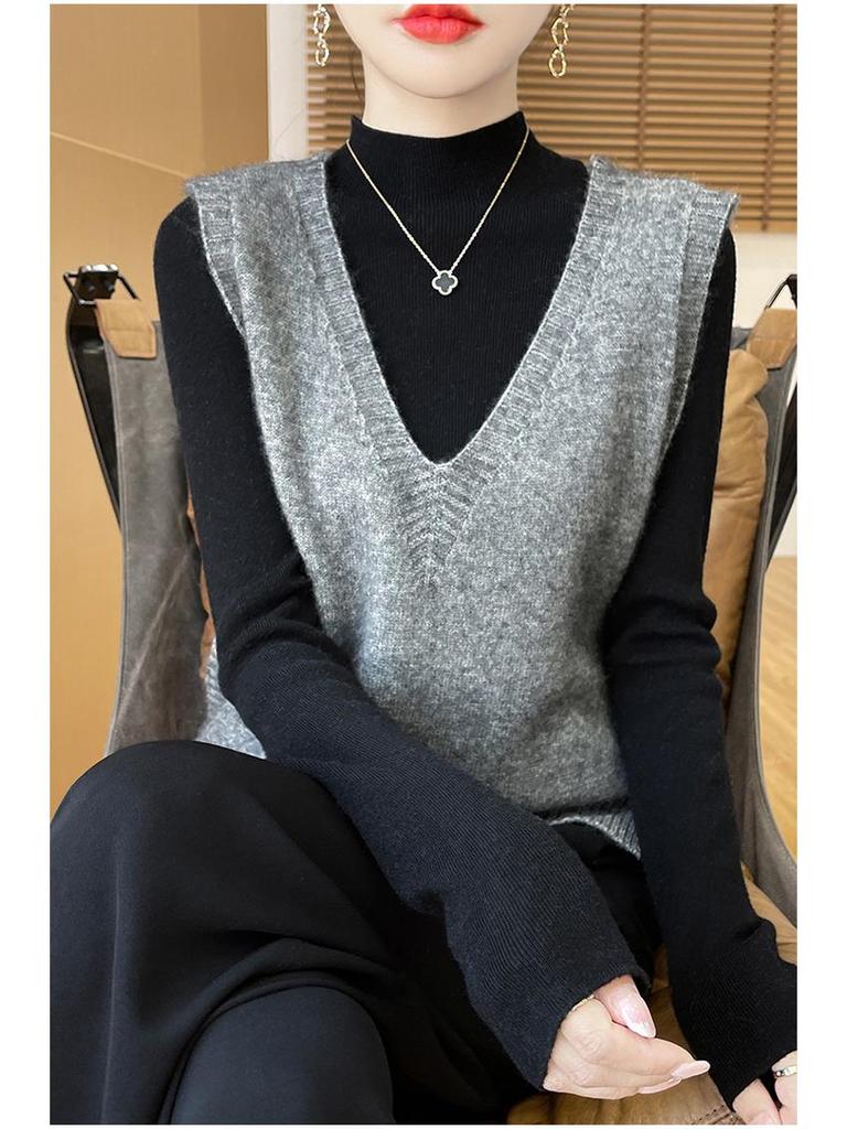 Kašmírová pletená vesta s výstřihem do V: Volný střih, Bez rukávů, Jednoduchý pulovr