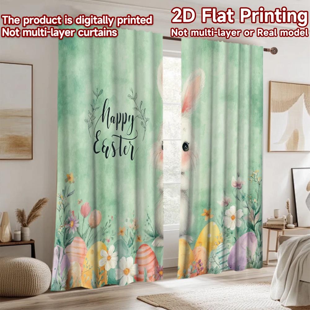 2D Flat Printing 2pcs Window Treatment Curtains Easter Bunny Flowers Eggs Digital Printed Polyester Drapes Birthday Party for