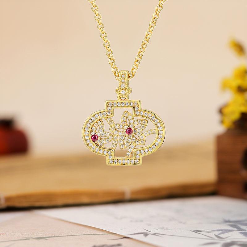 Gold Shop Ancient Sand Method Full Diamond Necklace, Chinese Style Lantern Design, Exquisite Gift for Women, Clavicle Chain.