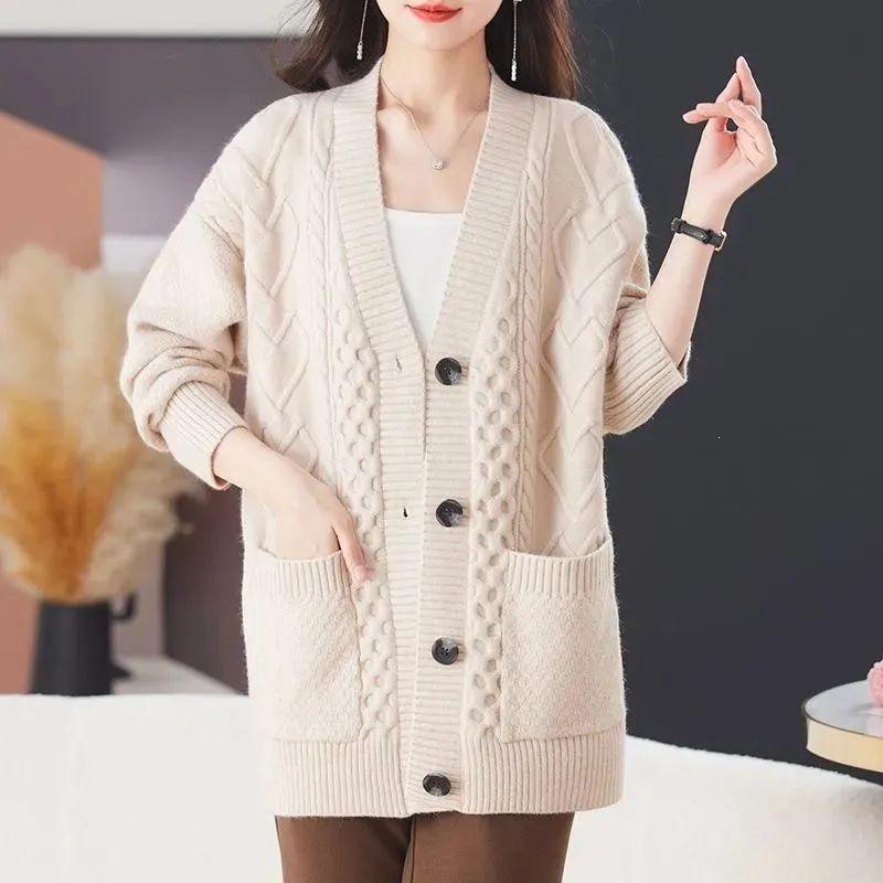 2026 A/W Women's V-neck Knit Cardigan - Mid-length, Solid Color, Loose Fit Sweater Coat