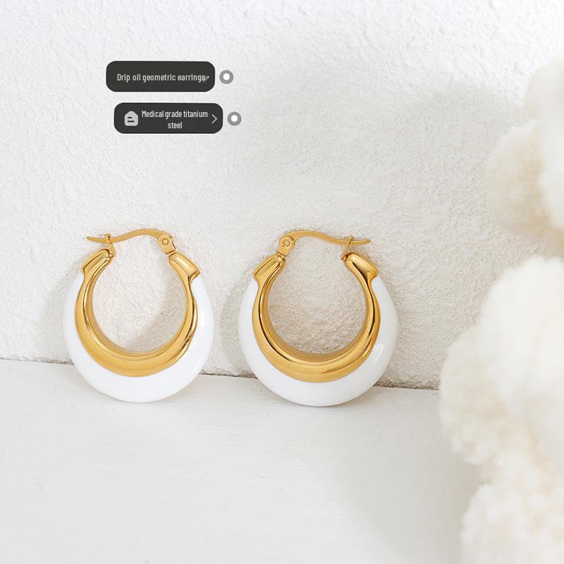 Gold-Plated Geometric Hoop Earrings: Black & White Oil Drip, European Retro Style for Women