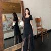 Vestido de Talla Grande Estilo Hepburn Cuadrado Francés Delgado Elegante de Verano Negro para Mujer
