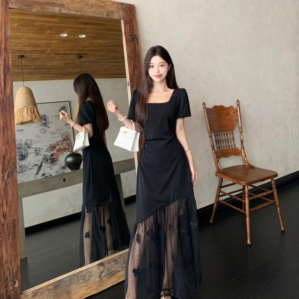 Vestido de Talla Grande Estilo Hepburn Cuadrado Francés Delgado Elegante de Verano Negro para Mujer