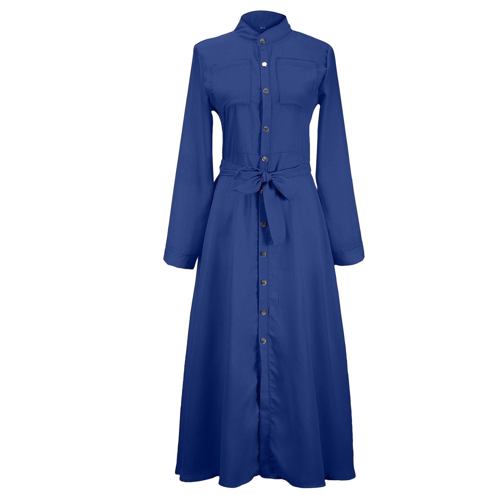 Women s Casual Fashion Sexy Slim Fit Long Sleeve Button Long Dress M синий