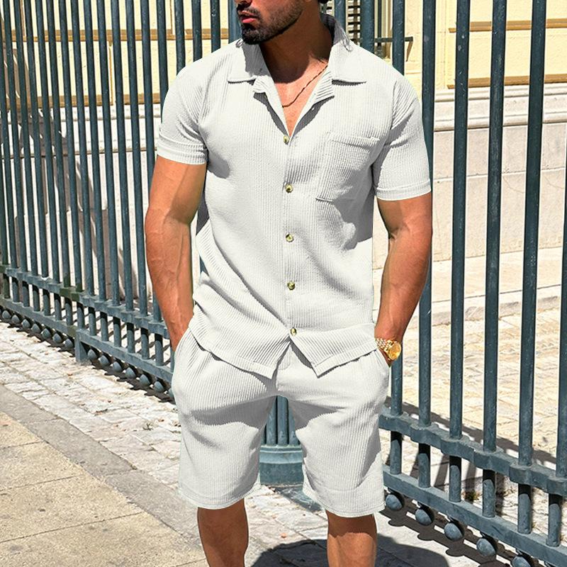 Herrkläder 2-delat set: Cardigan med slag och shorts - Enfärgad randig sommaroutfit