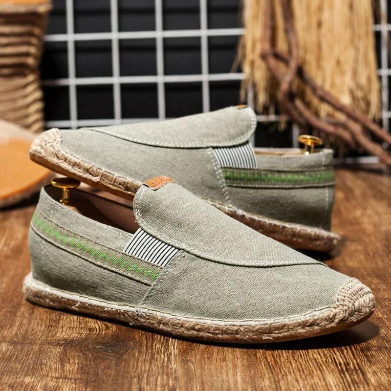 Mens Casual Vintage Loafers Flat Hemp Bottom Fishermen Shoes Driving Soft Shoes Holiday Beach Sailing Bohemian Autumn Size 38-44