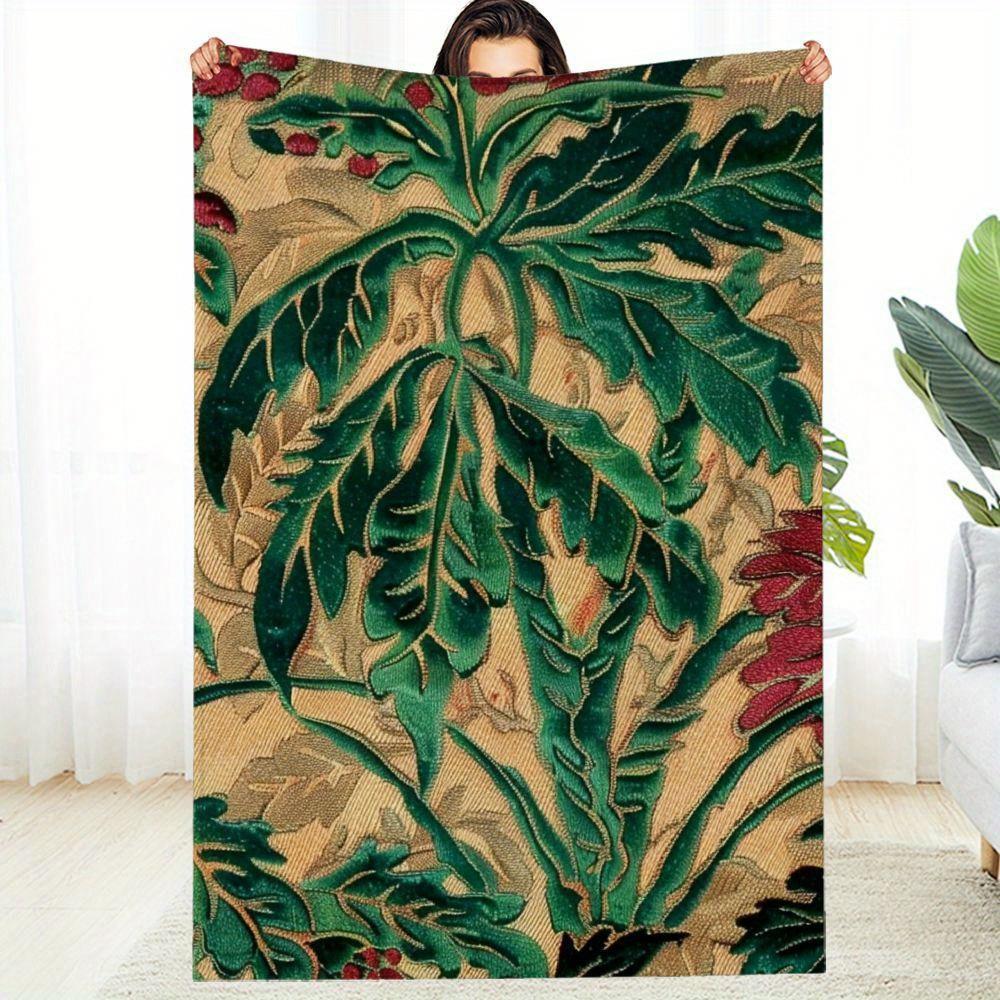 Luxurious Green Teal Maple Leaf Flannel Throw Blanket Soft Warm All-Season Luxury Bedspread with Green Golden Leaf 130x150cm51x59in