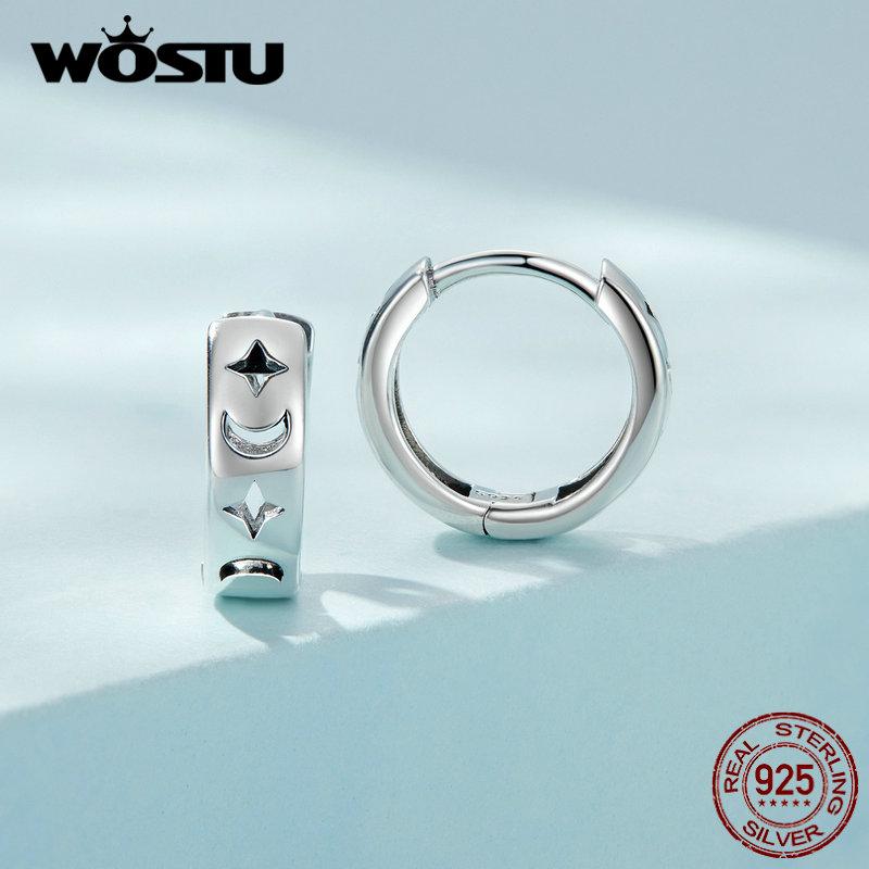 WOSTU Classic 925 Sterling Silver Hollow Star Moon Hoop Earrings For Women Party Jewelry s925 Silver Ear Clips Earring Punk Gift