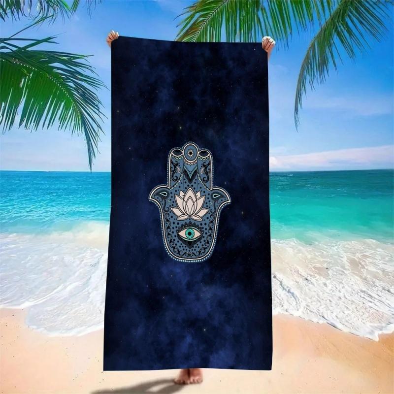 Blaues Hamsa-Hand & Böser Blick Strandtuch Super Saugfähig Schnelltrocknend Mikrofaser Boho Spirituelles Muster Decke für Picknick & Outdoor
