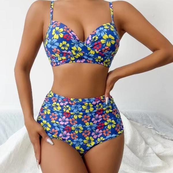 

2024 Цветочный Купальник Бикини с Завышенной Талией - Женская Курортная Коллекция в Европейском и Американском Стиле M