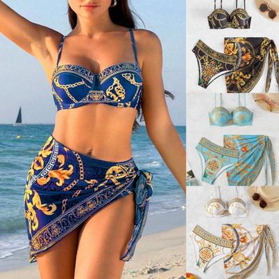 Evropský a Americký Nový Jednodílný Plavky Sexy Zadní Tištěný Dámský Třídílný Bikini