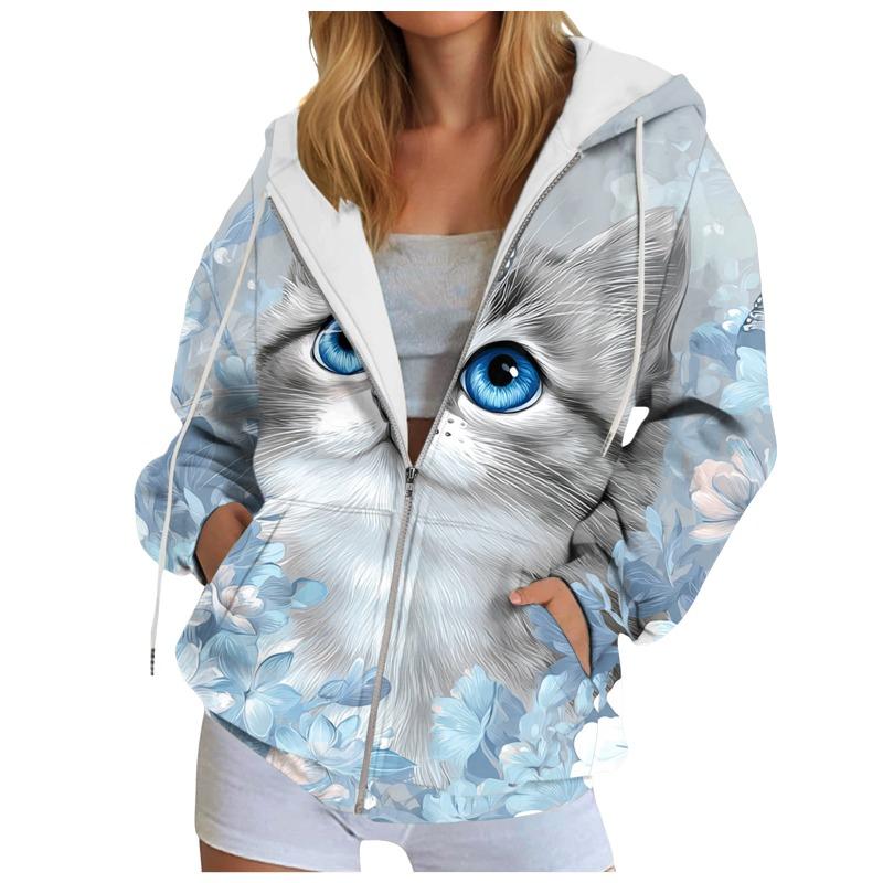 Funny Animal Print Hooded Sweatshirt Zipper Top Women'S Oversize Casual Cardigan Jacket With Pockets Long-Sleeve Outerwear Tops