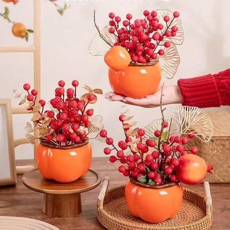 Orange Ceramic Vase for Hydroponic Plants and Fresh Flowers - Modern Minimalist Desktop Decoration