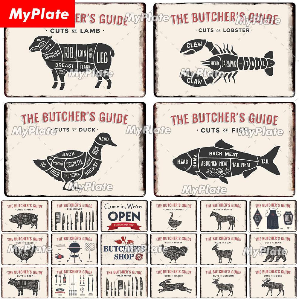 

[MyPlate] Руководство мясника, металлический знак, винтажная металлическая табличка, жестяная вывеска, домашний декор, вывеска для бара, карта мяса, карта тела, художественный постер, кухонный декор