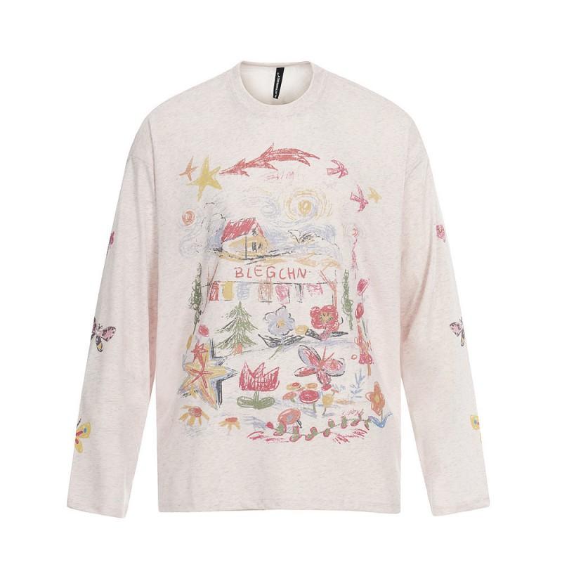 Mens Loose Fit Long Sleeve T-Shirt With Graffiti Print Casual Streetwear Tee