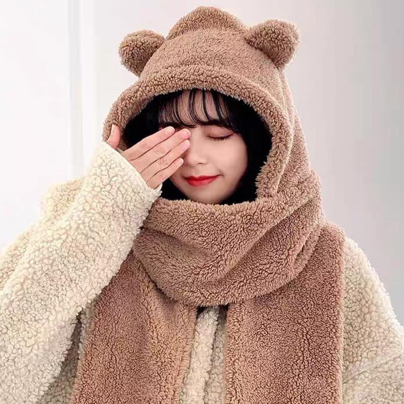 Cute Bear Ear Hat Scarf Gloves Set Thicken Women Beanies Caps Winter Warm Windproof Ear Protection Hat