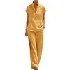 Yousheng Women Cotton Linen 2 Piece Sets Short Sleeve Button Up V Neck And Long Pants Summer Lounge Outfits with Pockets