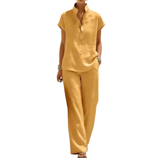 Yousheng Women Cotton Linen 2 Piece Sets Short Sleeve Button Up V Neck And Long Pants Summer Lounge Outfits with Pockets