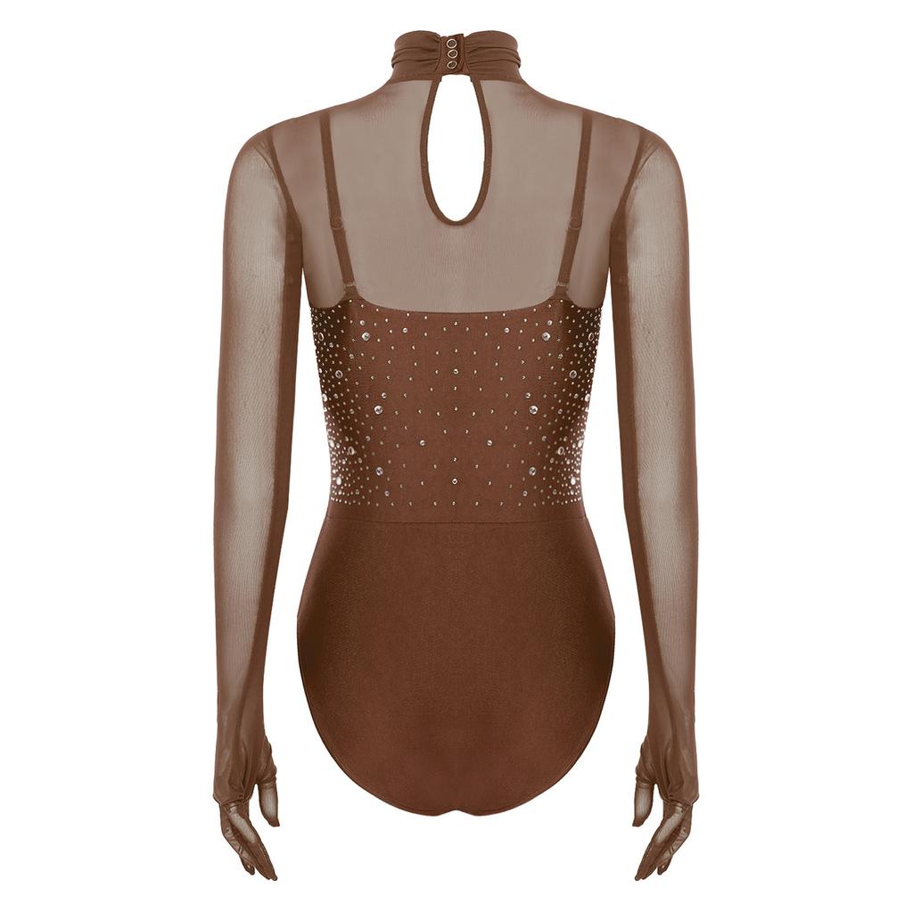 Damski kostium do łyżwiarstwa figurowego Wycięcie z przodu Przezroczysta siatka Patchwork Wysoki kołnierzyk Długi rękaw Strój kąpielowy z cyrkoniami