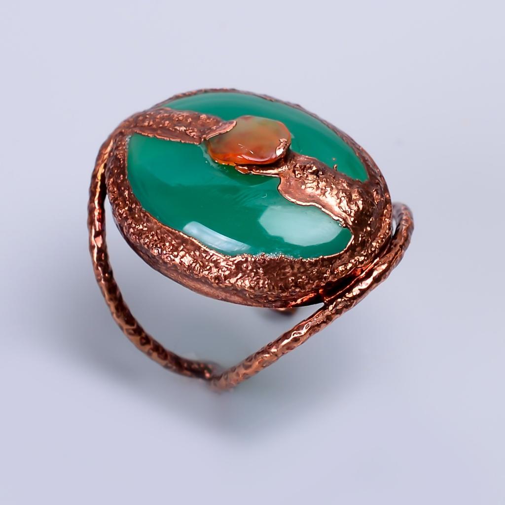 Oval Green Chalcedony Gemstone Eternity Electroformed Boho Ring Jewelry Copper V-62