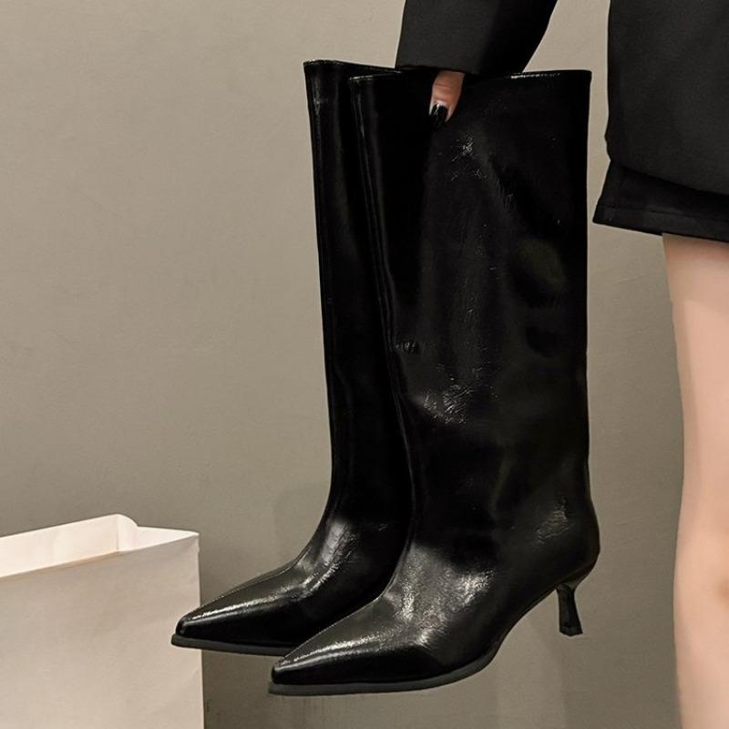 

Минималистичные длинные сапоги с широким голенищем, женская обувь, сапоги-рыцари с острым носком, стройнящие сапоги на тонком каблуке 35 чёрный
