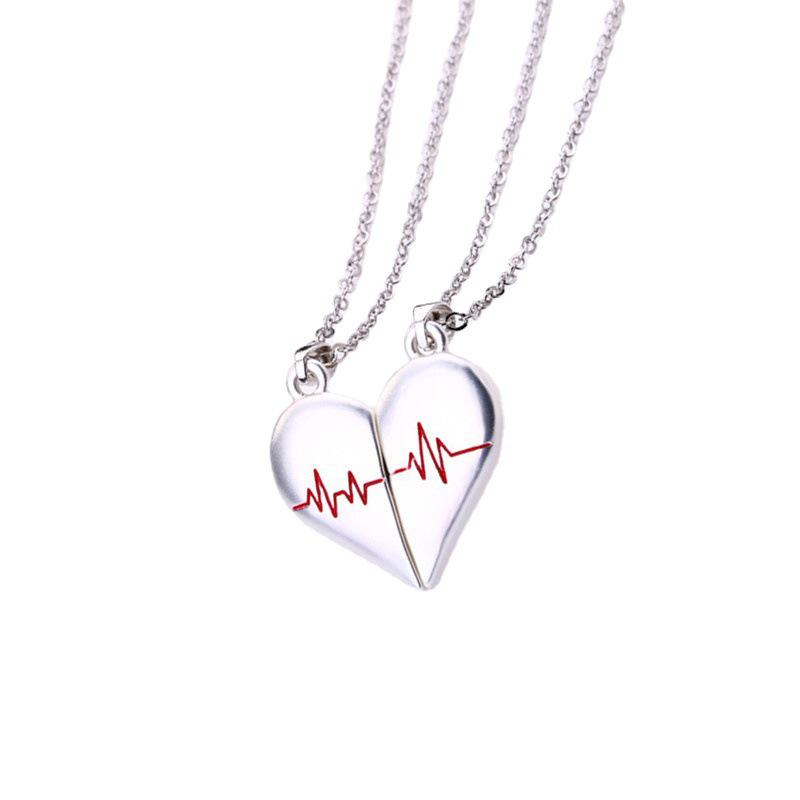 Magnetic Love ECG Couple Pendant Necklace - Unique Design with Clasping Hearts