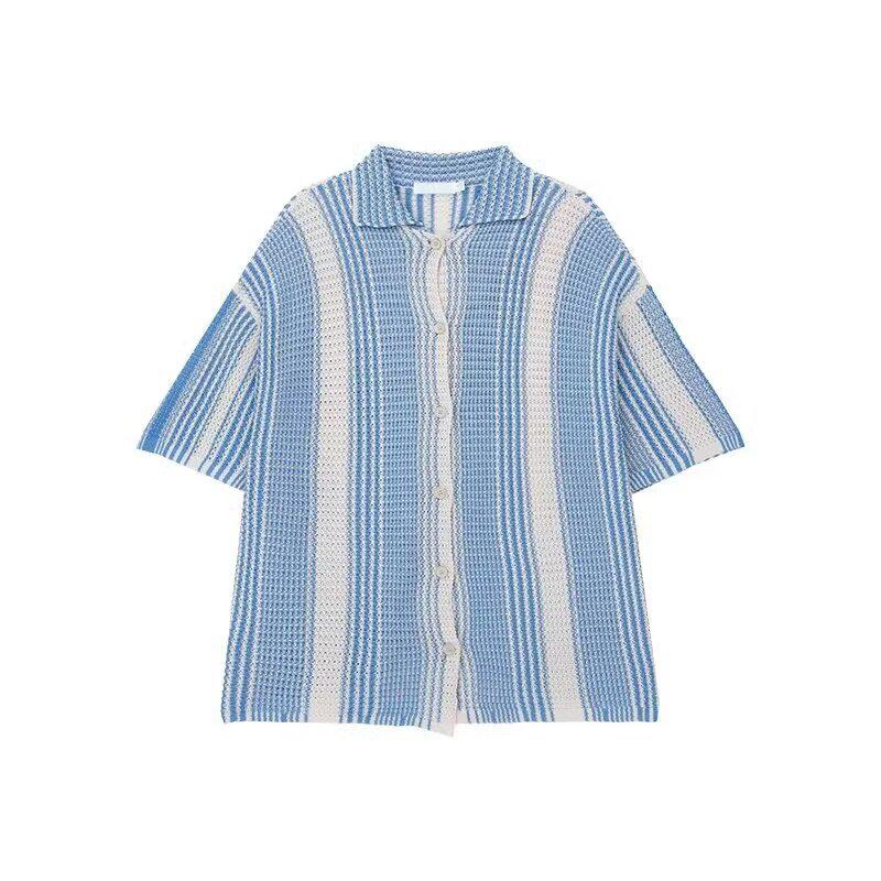 Korean Style Contrast Color Short-Sleeve Shirt - Men's Summer Trendy Loose Lapel Knitted Top