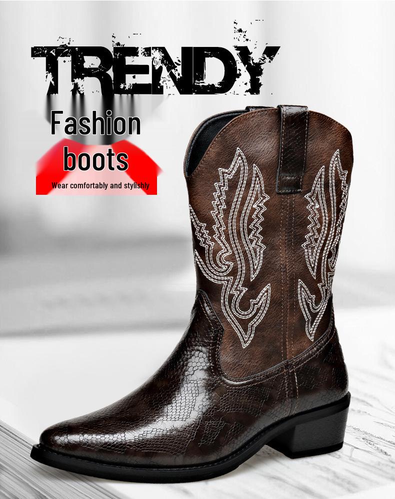 Trendy Men's High-Heeled Embroidered Chelsea Boots - Versatile Western Cowboy & Motorcycle Style