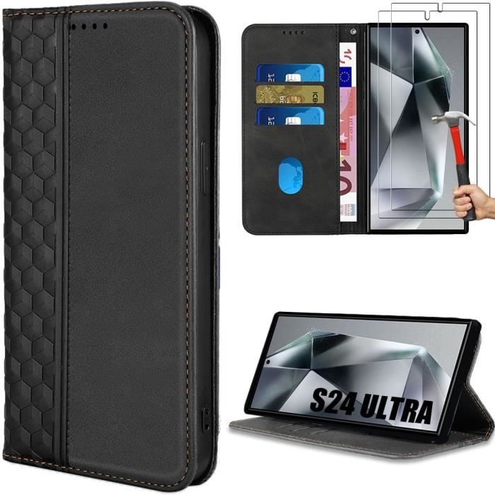 Coque avec 2 Verres Trempés pour Samsung Galaxy S24 Ultra, Protection Magnétique Cuir PU Noir Motif Mosaïque