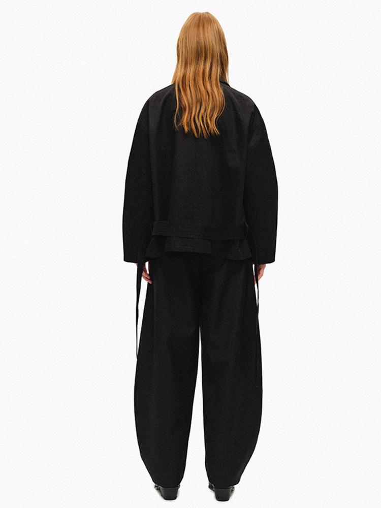 American Short Lapel Trench Coat: High-End Waist-Defining Double-Breasted Loose Long Sleeve Jacket for Women