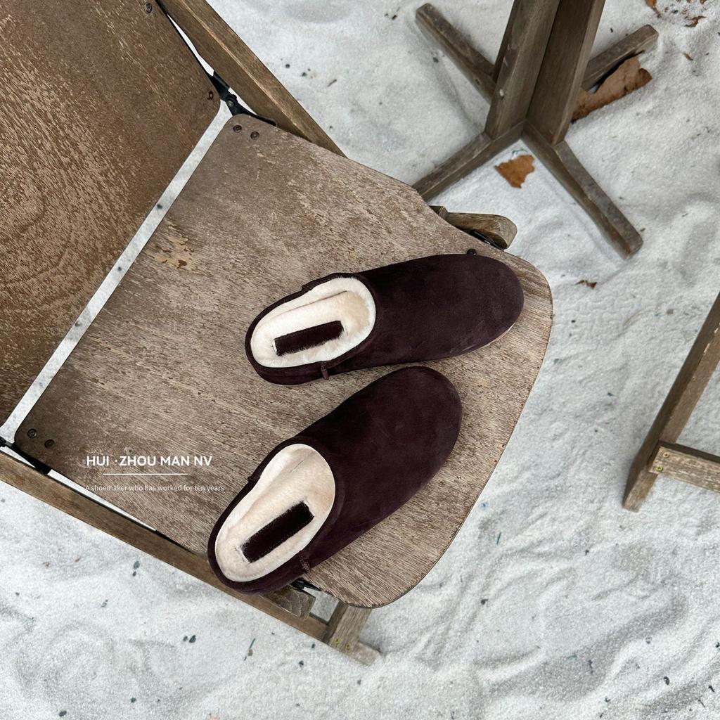 Retro leather Boken bag head slippers women wear winter warm round head lazy thick sole one pedal warm cotton shoes