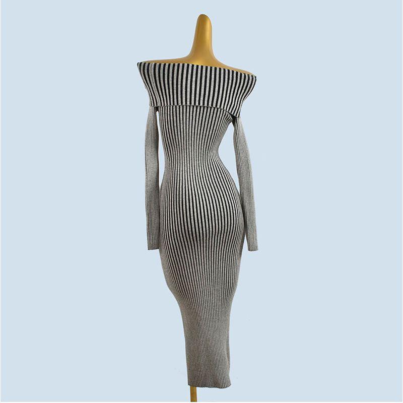 Foreign Trade Order Gyaru Sexy off-Shoulder off-Shoulder Long Sleeve Knitted Dress Women Spring and Autumn Slim Fit Slimming Split Sheath