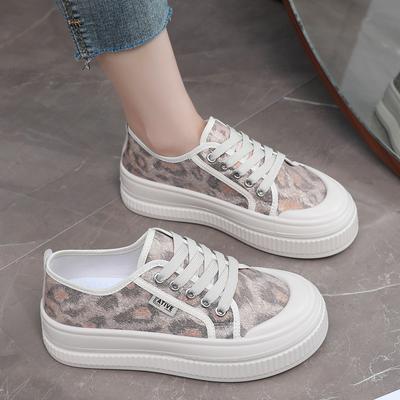 Thick-soled Heightening Leopard Print Canvas Shoes Women's Sports Board Shoes 2025 Autumn New Fisherman Shoes Niche Versatile Casual Shoes