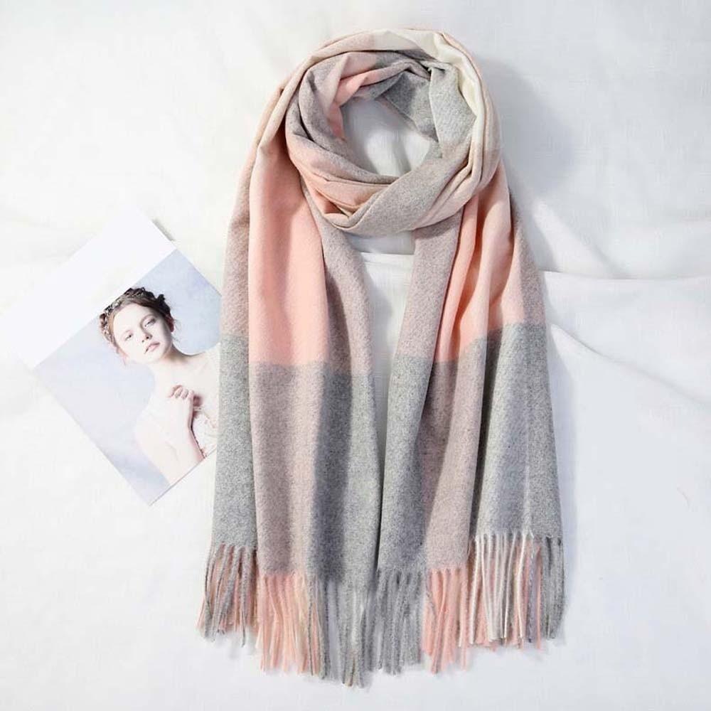 Polyester Classic Plaid Scarf Soft Long Neckscarf with Tassel Large Knitted Wool Scarf  Winter