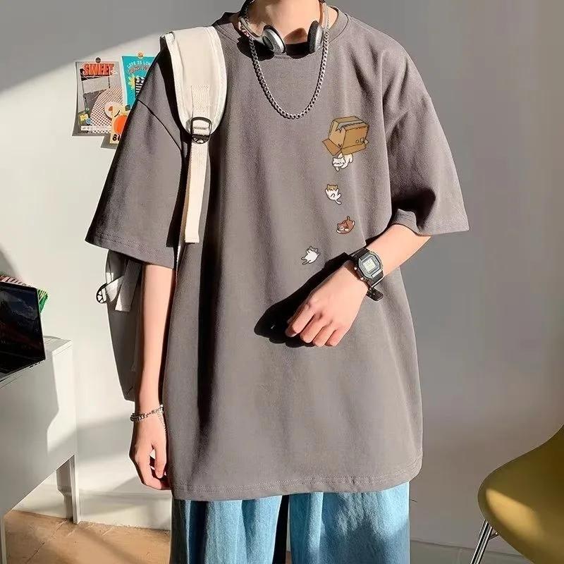 Men Oversized Korean Fashion Loose American Vintage Carton Kitten Print Short Sleeve Versatile Trend Couple Outfit