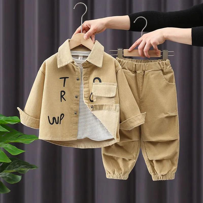 Conjuntos de 2 Piezas para Niños Moda Estilo Coreano Infantil Pana Chaquetas de Manga Larga para Niños y Pantalones Jogger Casuales Holgados Primavera Otoño