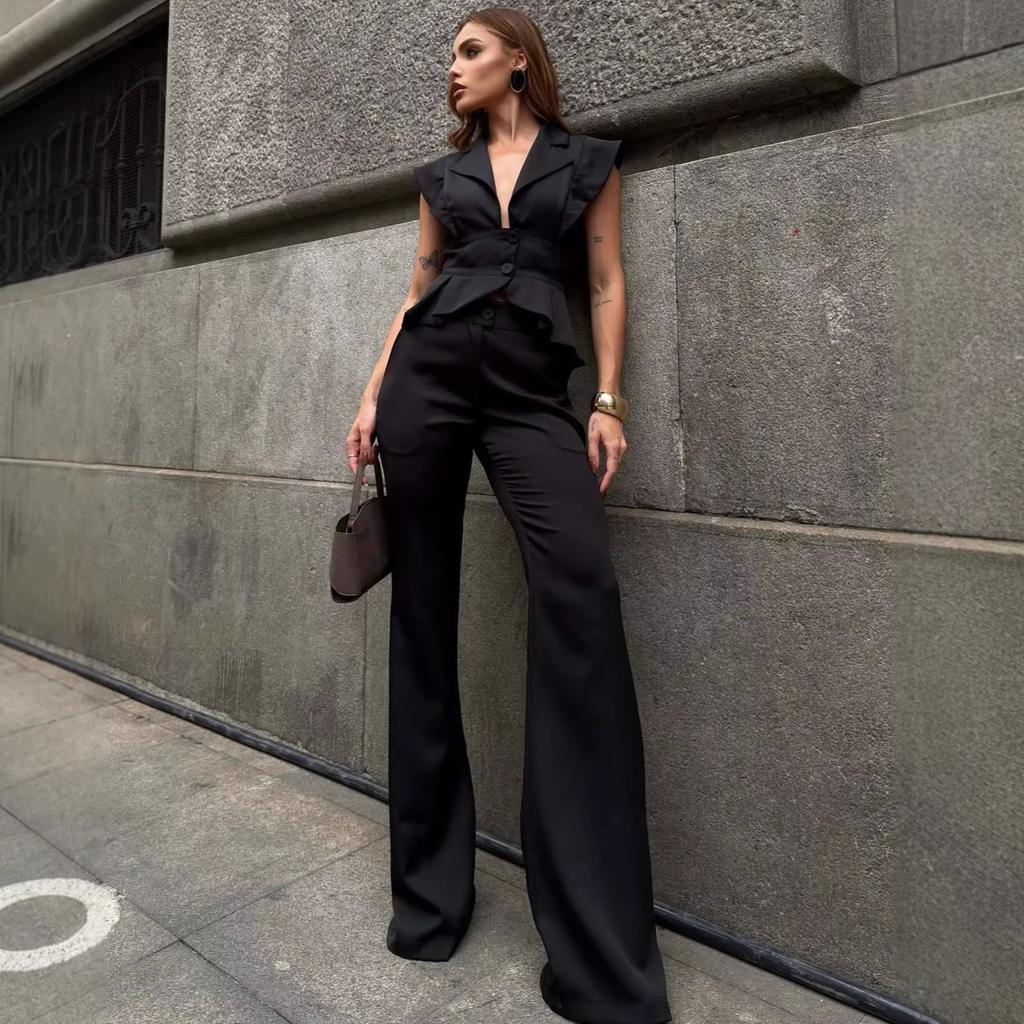 Cross-border European and American elegant high-end sleeveless suit collar vest top, new export women's high-waisted pants set