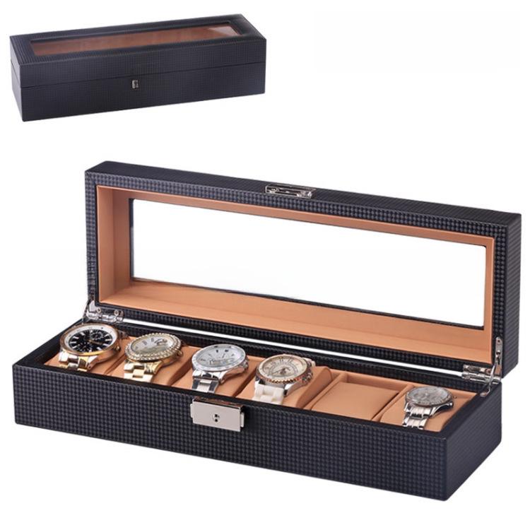 Carbon Fiber 6-Slot Leather Watch Display Box - PU Storage for 6 Watches