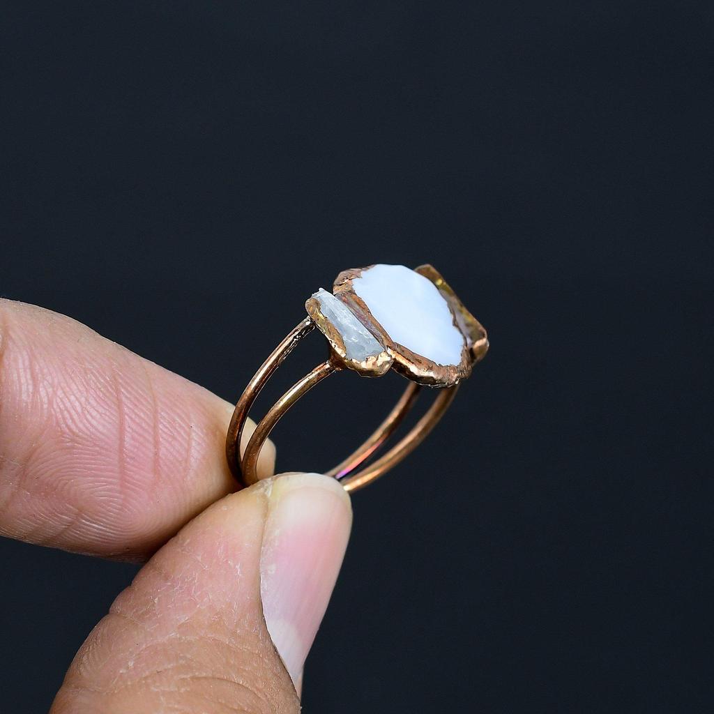 Rainbow Moonstone Handmade Gemstone Ring, Copper Electroformed Ring Antique Jewelry, Adjustable Ring Engagement Gift