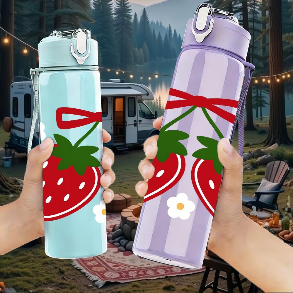 1PC Twin Red Strawberry With Bow 750ml Color Plastic Sports Water Bottle Leakproof Flip Straw Lid Suitable for Sports Office Home Use