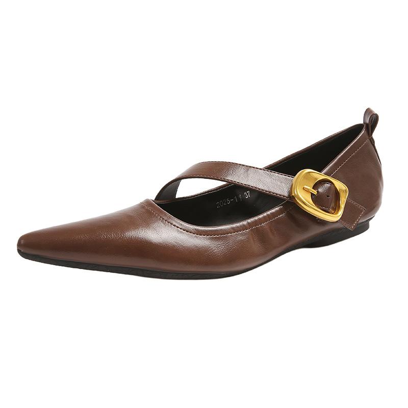 Fashion Retro Pointed Toe Soft Leather Flat Shoes Women Narrow Band Buckle Mary Jane Shoes Women Fashion Comfort Large Size Women Shoes