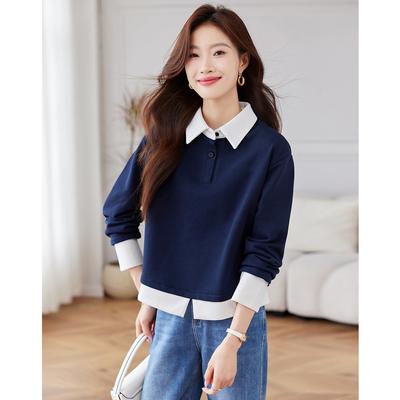 No Matchmaking Fake Two-piece Spring and Autumn Women's Contrasting Button Age Reduction Lapel Long Sleeve Base Inner Sweatshirt Top