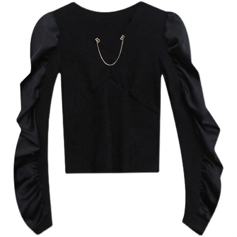 Korean Winter V-neck Pleated Puff Long-sleeved Top Versatile Pullover T-shirt for Women