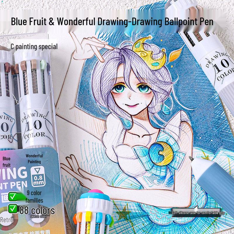Blue Fruit 88 Multi-Color Ballpoint Pen Set: Stackable Press-Type, 10 Color Options for Journaling and Art, Perfect for Primary Students