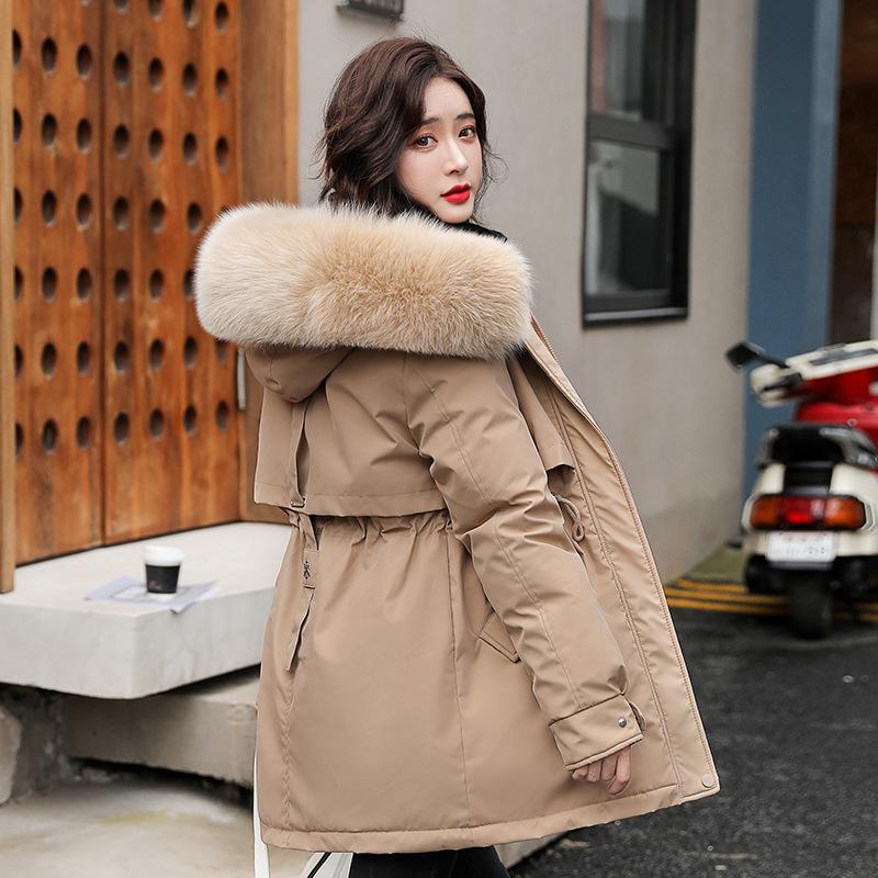 Giacca invernale da donna Parka Cappotto lungo alla moda Fodera in lana Parka con cappuccio Slim con collo in pelliccia Abiti imbottiti caldi per la neve