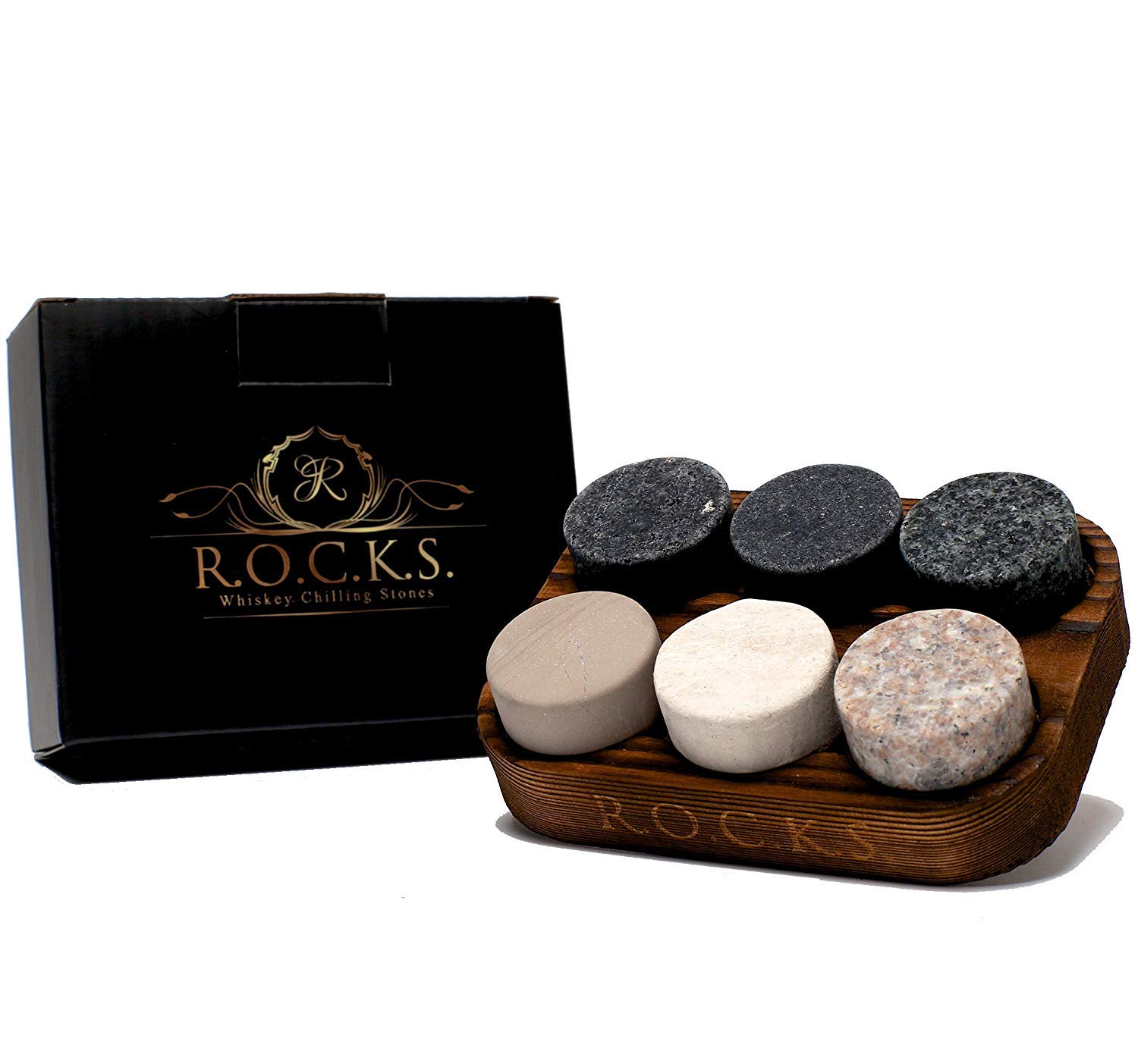 

Set of 6 Whiskey Stones – Handcrafted Premium Granite Round Whiskey Chilling Stones – Includes Wooden Tray, Perfect Whiskey Gift | R.O.C.K.S.