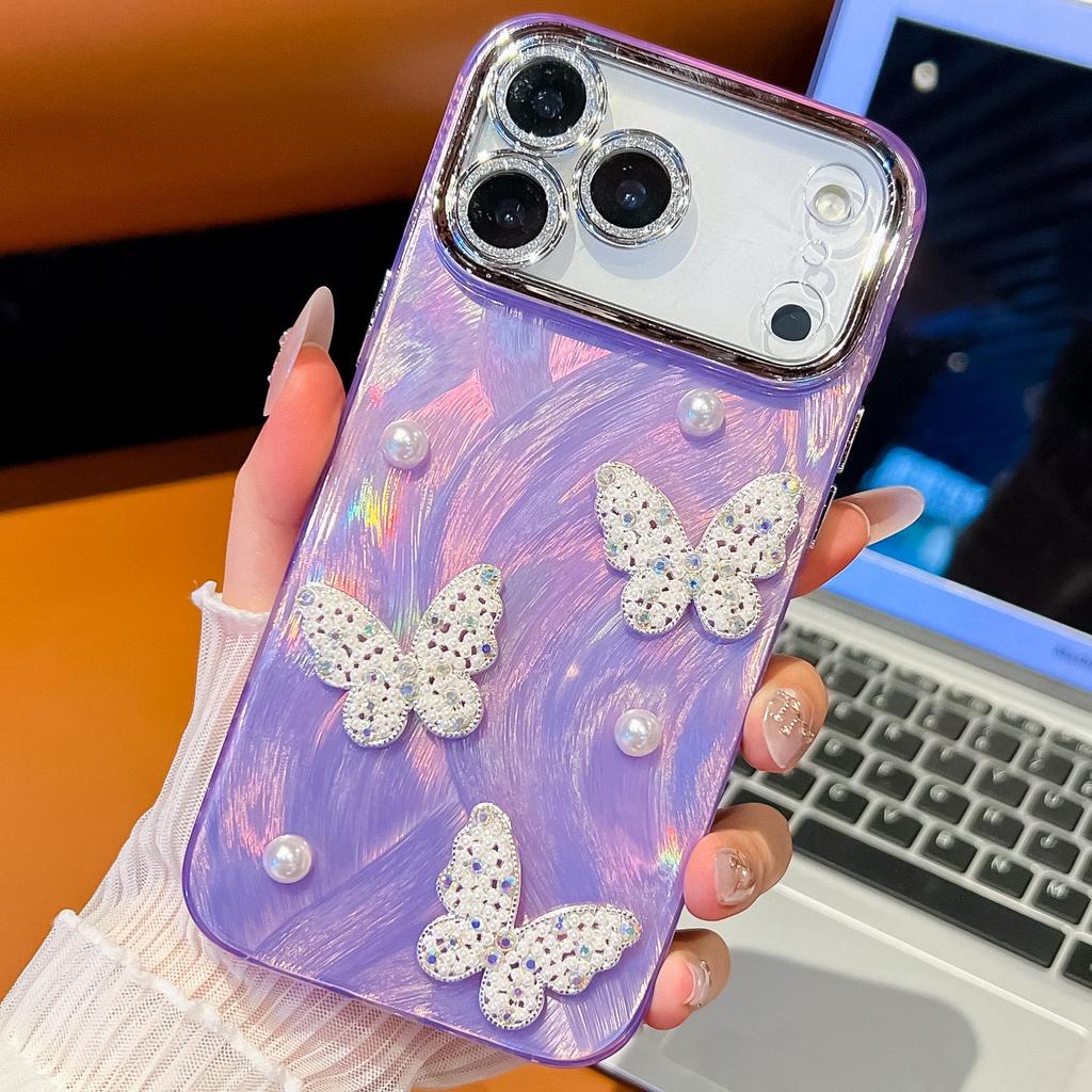 Compatible with Apple 17 Pro Max: Pearl Butterfly Drop-proof Shell Pattern iPhone 16 Double-sided Film IMD Case